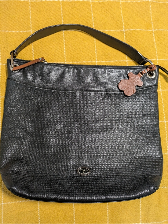 Tous Handbags - Tous Black Leather Shoulder Bag with Brown Bear Charm & Dark Brown Strap